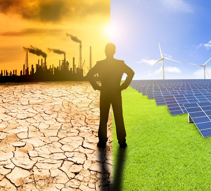 pollution and clean energy concept. businessman watching windmills solar panels and refinery with air pollution
