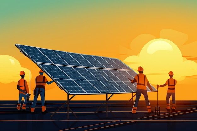 Worker team with solar panel Worker team has success install solar panel at solar farm field _ Premium AI-generated image